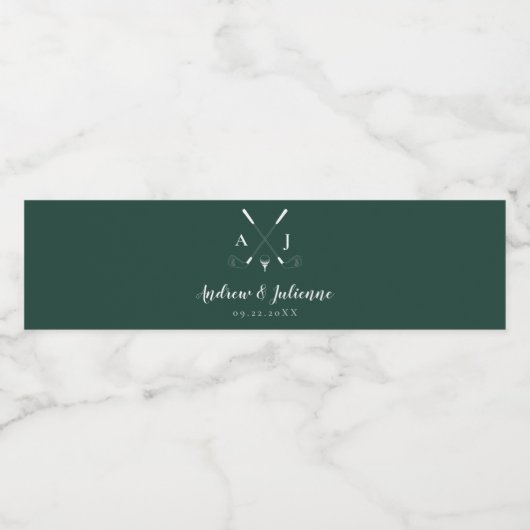 Emerald Green Modern Monogram Golf Wedding Waterfles Etiket (Enkel label)