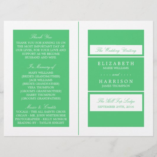 Emerald Green Modern Wedding Bi-voudig Programma (Voorkant)