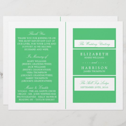 Emerald Green Modern Wedding Bi-voudig Programma (Voorkant / Achterkant)