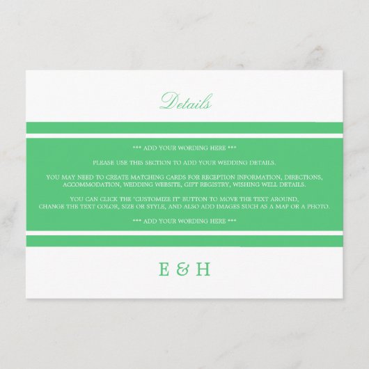 Emerald Green Modern Wedding Detail Informatiekaartje (Voorkant)