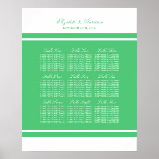Emerald Green Modern Wedding Seating Chart Poster (Voorkant)