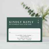 Emerald Green Moderne Minimalistische Monogram Tro RSVP Kaartje (Staand voorkant)