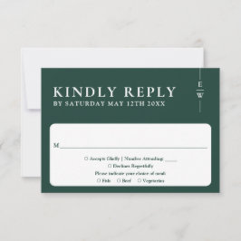 Emerald Green Moderne Minimalistische Monogram Tro RSVP Kaartje