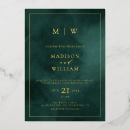 Emerald Green Monogram & Border Elegant Wedding Folie Uitnodiging
