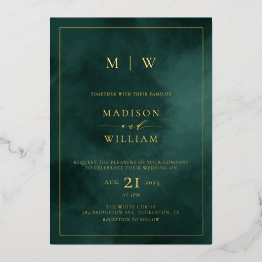 Emerald Green Monogram & Border Elegant Wedding Folie Uitnodiging (Voorkant)