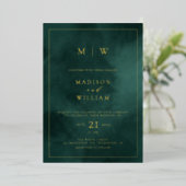 Emerald Green Monogram & Border Elegant Wedding Folie Uitnodiging (Staand Voorkant)