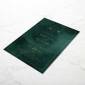 Emerald Green Monogram & Border Elegant Wedding Folie Uitnodiging (Gedraaid)