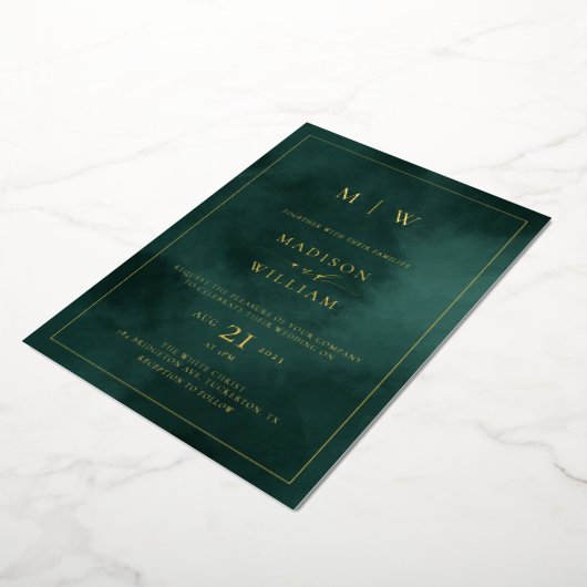 Emerald Green Monogram & Border Elegant Wedding Folie Uitnodiging (Gedraaid)