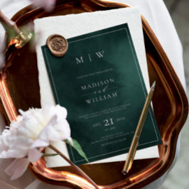 Emerald Green Monogram & Border Elegant Wedding Kaart