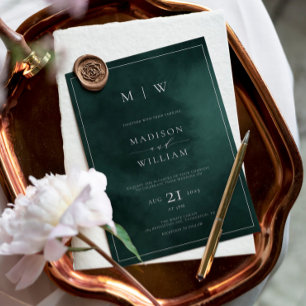 Emerald Green Monogram & Border Elegant Wedding Kaart