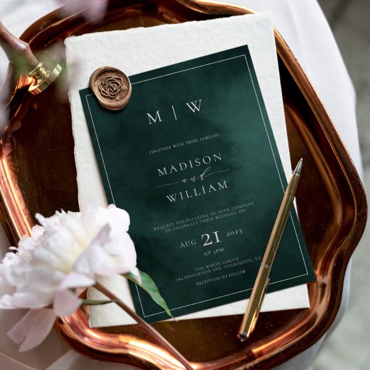 Emerald Green Monogram & Border Elegant Wedding Kaart