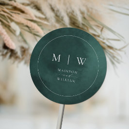 Emerald Green Monogram & Border Elegant Wedding Ronde Sticker