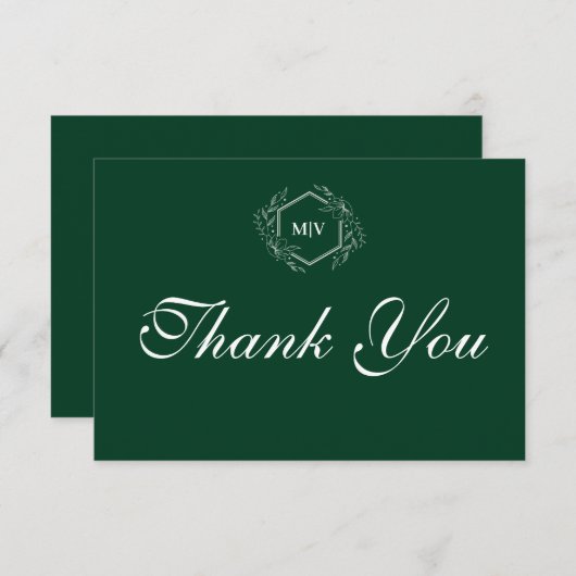 Emerald Green Monogram Crest Bedankt Card (Voorkant / Achterkant)