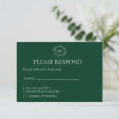 Emerald Green Monogram Crest RSVP-kaart RSVP Kaartje (Staand voorkant)