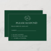 Emerald Green Monogram Crest RSVP-kaart RSVP Kaartje (Voorkant / Achterkant)