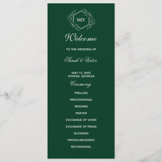 Emerald Green Monogram dubbele zijprogrammakaart Programmakaart (Voorkant)