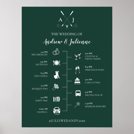 Emerald Green Monogram Golf Weddenschap Tijdschema Poster (Voorkant)