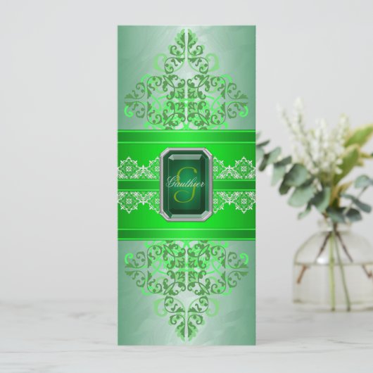 Emerald Green Monogram Ribbon Wedding Uitnodiging (Staand voorkant)