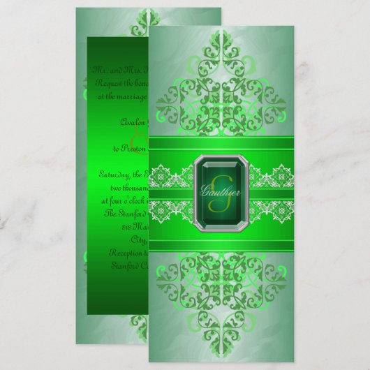 Emerald Green Monogram Ribbon Wedding Uitnodiging (Voorkant / Achterkant)