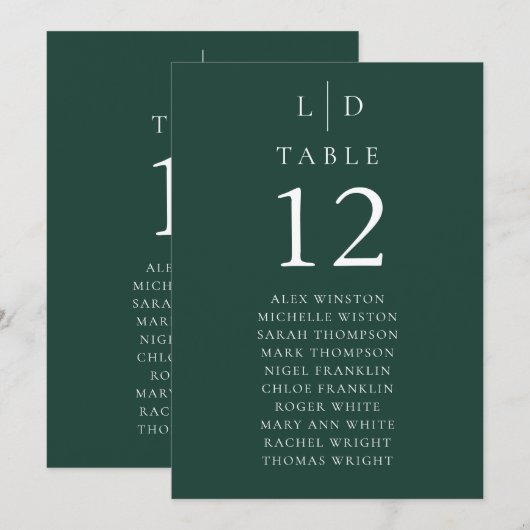 Emerald Green Monogram Tafelnummer Zitenkaart (Voorkant / Achterkant)