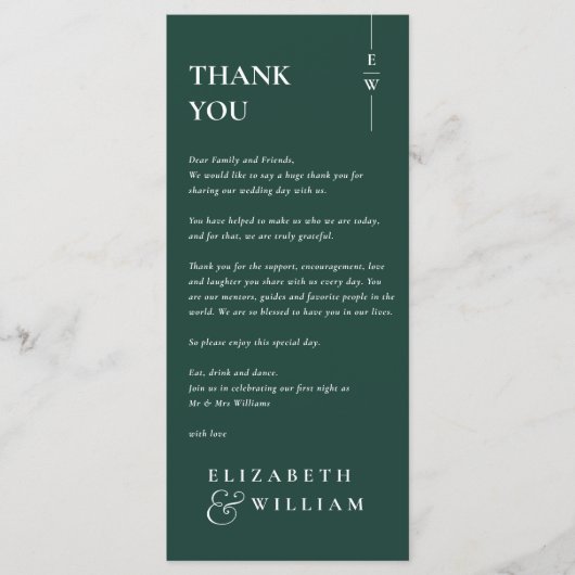 Emerald Green Monogram Trouwbedankje Place Card Menu (Voorkant)