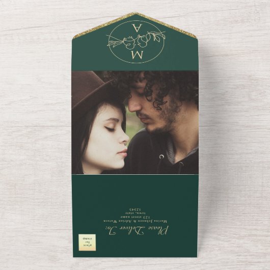 Emerald Green Monogram Wedding All In One Uitnodiging (Buitenkant)