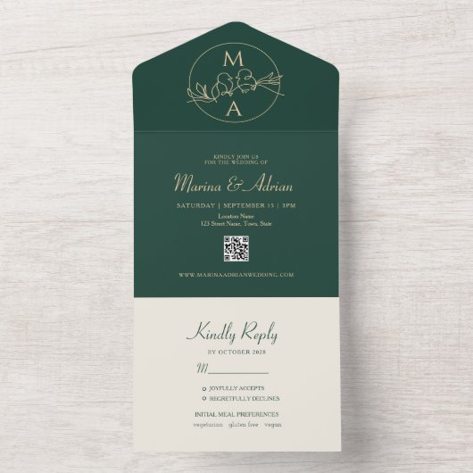 Emerald Green Monogram Wedding All In One Uitnodiging (Binnen)