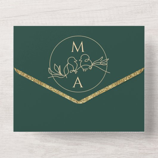 Emerald Green Monogram Wedding All In One Uitnodiging (Achterkant)