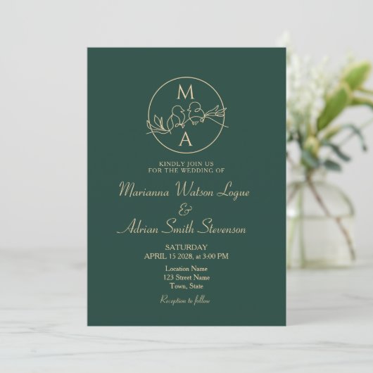 Emerald Green Monogram Wedding Kaart (Staand voorkant)