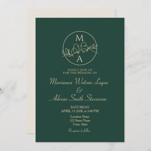 Emerald Green Monogram Wedding Kaart (Voorkant / Achterkant)
