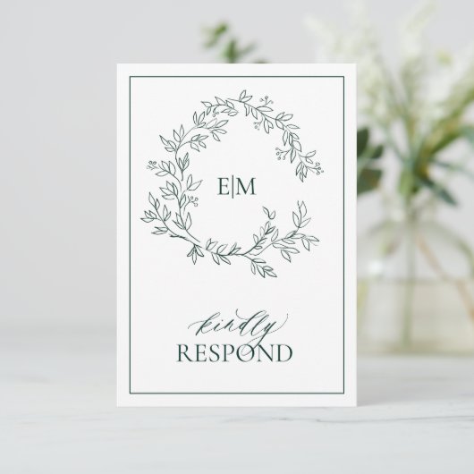 Emerald Green Monogram Wedding RSVP Kaart (Staand voorkant)
