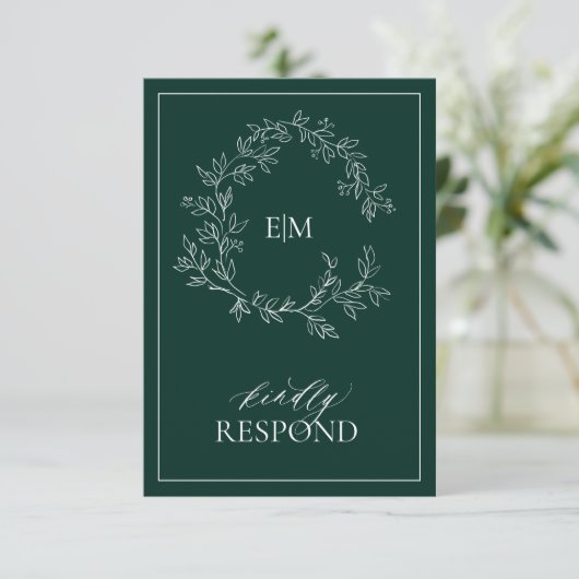 Emerald Green Monogram Wedding RSVP Kaart (Staand voorkant)