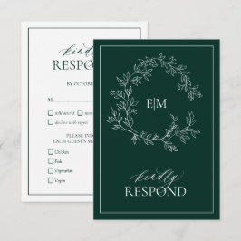 Emerald Green Monogram Wedding RSVP Kaart