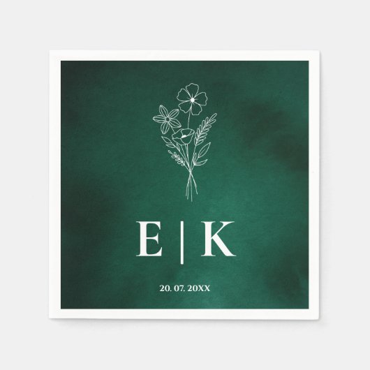 Emerald Green Monogram Wildflower Bloemenbruiloft Servet (Voorkant)
