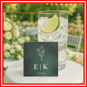 Emerald Green Monogram Wildflower Wedding Stenen Onderzetter