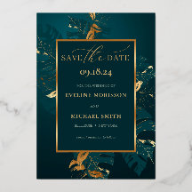 Emerald green monstera gold folie save the date