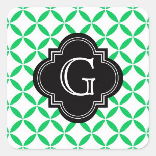 Emerald Green Moroccan Quatrefoil Monogram Black Vierkante Sticker