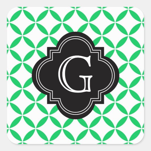 Emerald Green Moroccan Quatrefoil Monogram Black Vierkante Sticker (Voorkant)