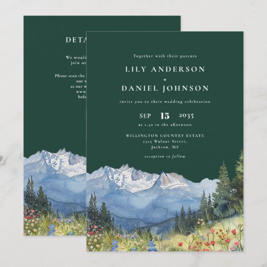 Emerald Green Mountain Floral QR Code Wedding Kaart (Voorkant / Achterkant)