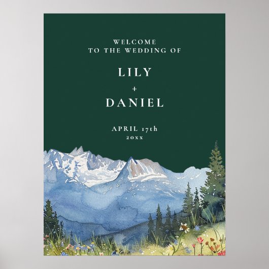 Emerald Green Mountain Floral Wedding Welcome Sign Poster (Voorkant)