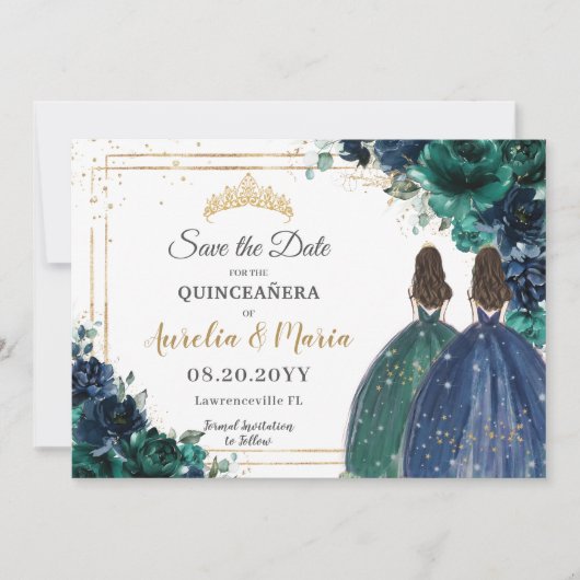 Emerald Green Navy Bloemen Prinsessen Quinceañera Save The Date (Voorkant)