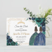 Emerald Green Navy Bloemen Prinsessen Quinceañera Save The Date (Staand voorkant)