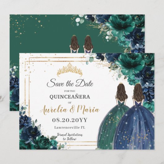 Emerald Green Navy Bloemen Prinsessen Quinceañera Save The Date (Voorkant / Achterkant)