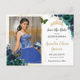 Emerald Green Navy Bloemen Quinceañera foto Aankondigingskaart
