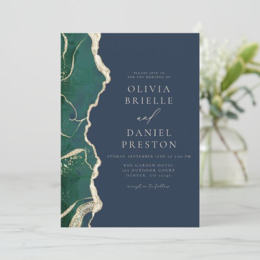 Emerald Green Navy Blue Agate Wedding QR-code Kaart (Staand voorkant)