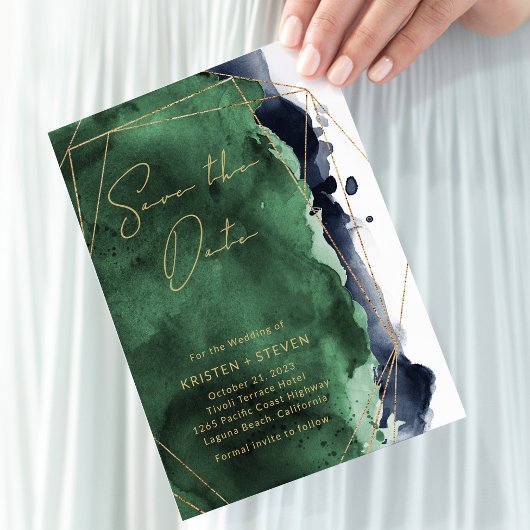 Emerald Green & Navy Blue Waterverf Save the Date Kaart