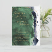 Emerald Green & Navy Blue Wedding Invitation Kaart (Staand voorkant)