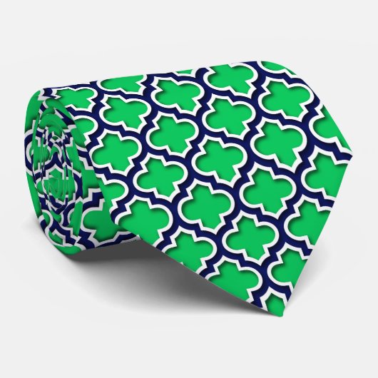 Emerald Green Navy White Moroccan Quatrefoil #5DS Stropdas (Opgerold)