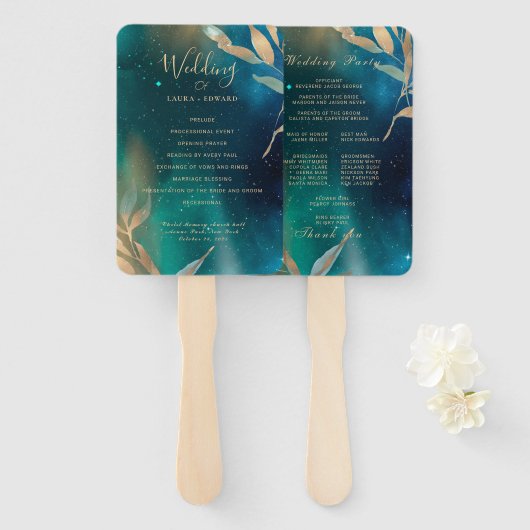 Emerald green nebula Melkwega night sky golden fol Handwaaier (Voorkant en achterkant)