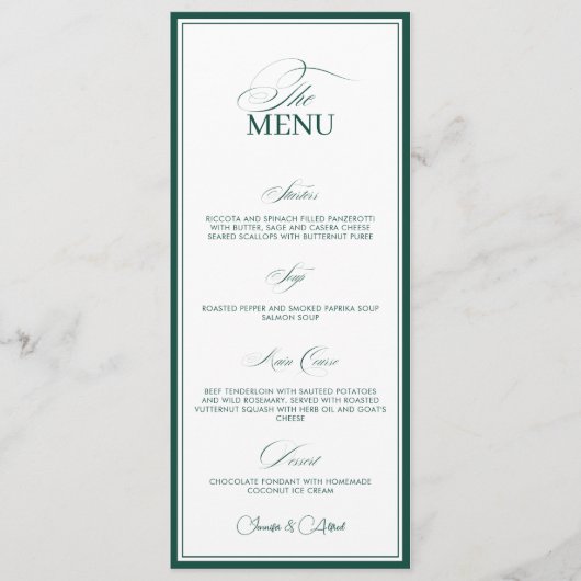 Emerald Green Old Money Wedding Dinner Menu Card (Voorkant)